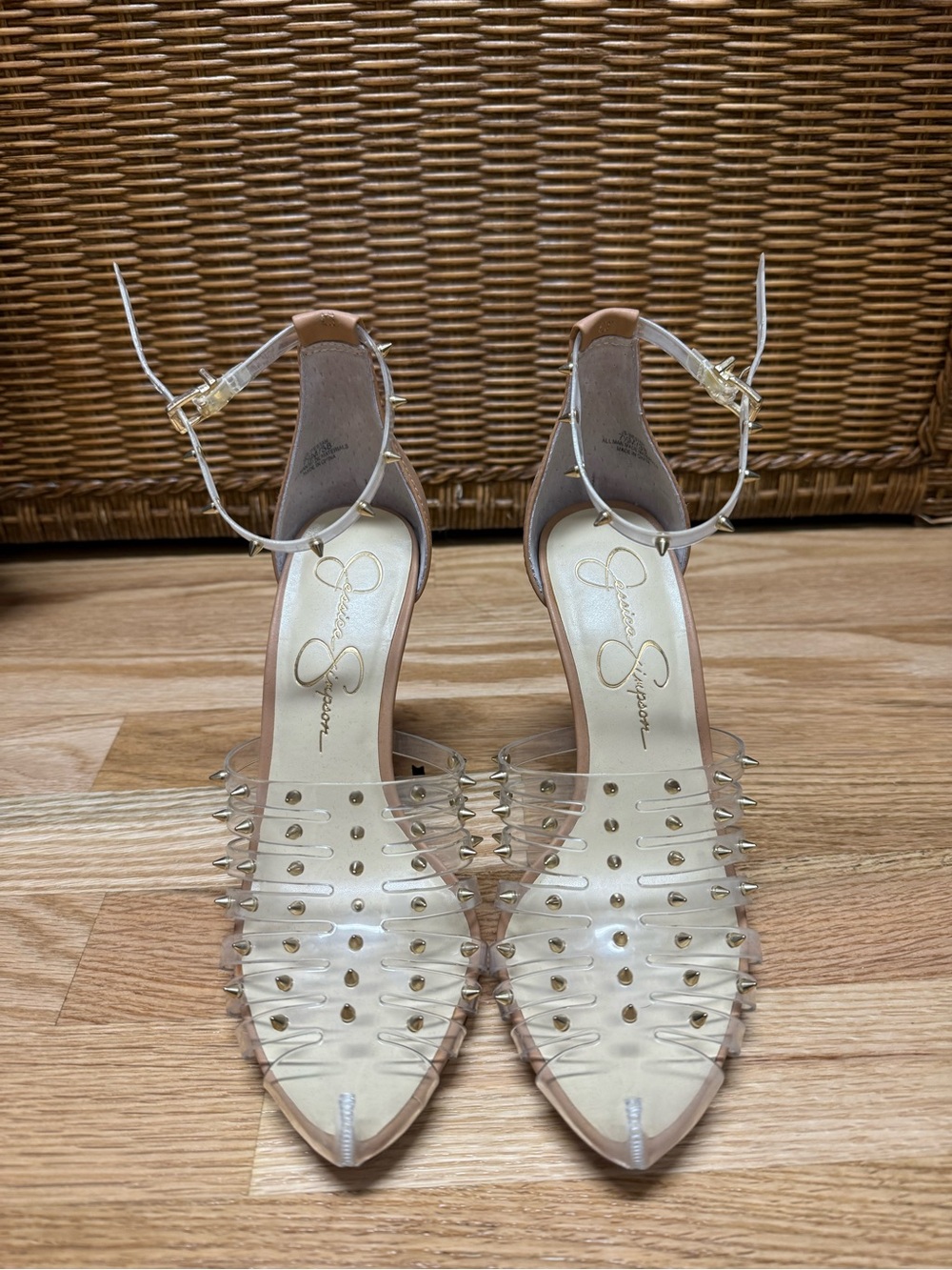 Jessica Simpson pumps. Clear Strap Studded Pointed-Toe Women's Heels in Nude